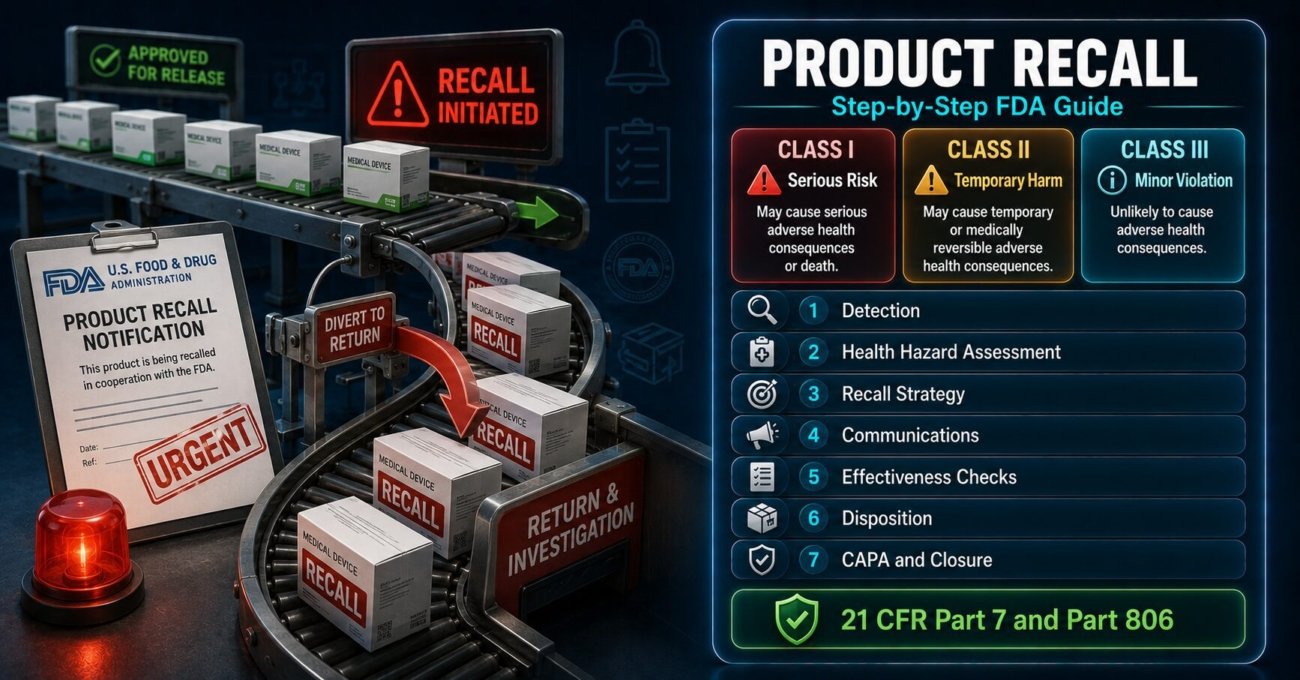 FDA product recall guide for pharmaceutical and medical device manufacturers covering Class I II III classification, recall strategy, 21 CFR Part 7 communications requirements and effectiveness checks