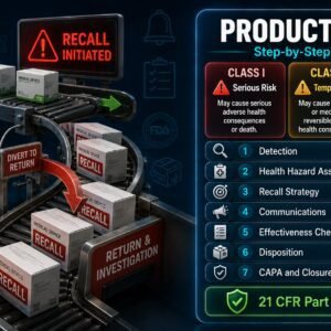 FDA product recall guide for pharmaceutical and medical device manufacturers covering Class I II III classification, recall strategy, 21 CFR Part 7 communications requirements and effectiveness checks