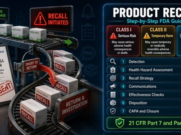 FDA product recall guide for pharmaceutical and medical device manufacturers covering Class I II III classification, recall strategy, 21 CFR Part 7 communications requirements and effectiveness checks