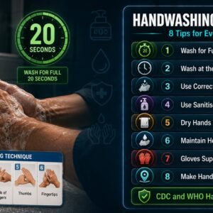 Handwashing awareness tips for the workplace covering 20-second technique, correct timing, sanitiser use, drying, glove hygiene and hand care based on CDC and WHO guidance