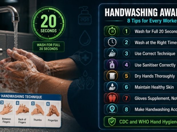 Handwashing awareness tips for the workplace covering 20-second technique, correct timing, sanitiser use, drying, glove hygiene and hand care based on CDC and WHO guidance