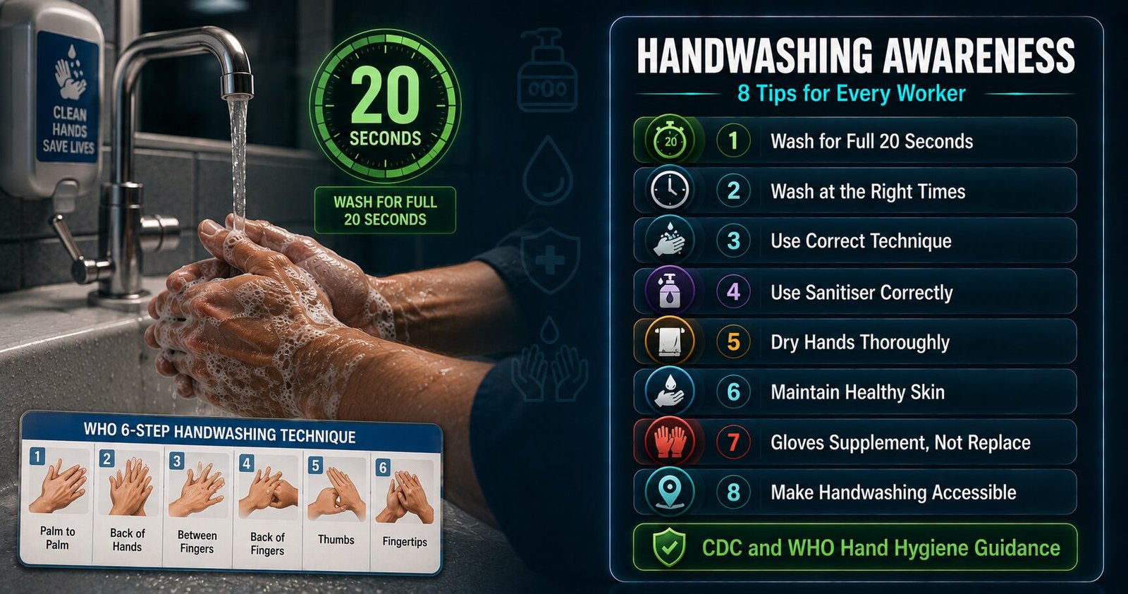 Handwashing awareness tips for the workplace covering 20-second technique, correct timing, sanitiser use, drying, glove hygiene and hand care based on CDC and WHO guidance