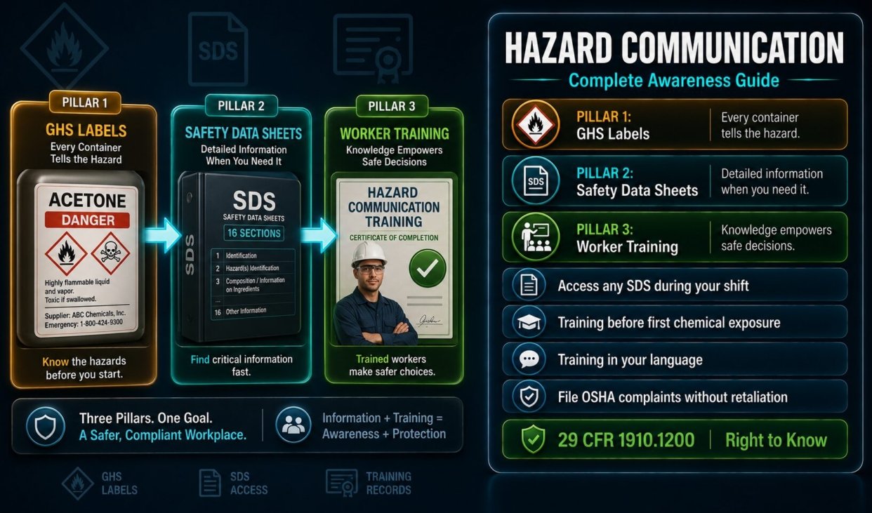 Hazard Communication awareness guide for US workers covering GHS labels, Safety Data Sheets, worker training rights and OSHA HazCom compliance under 29 CFR 1910.1200