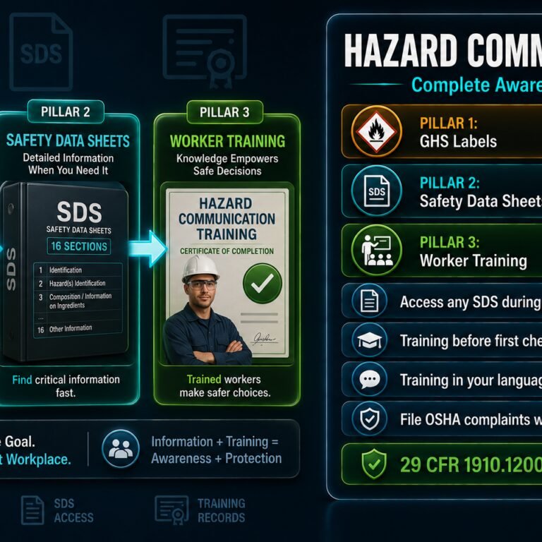 Hazard Communication awareness guide for US workers covering GHS labels, Safety Data Sheets, worker training rights and OSHA HazCom compliance under 29 CFR 1910.1200