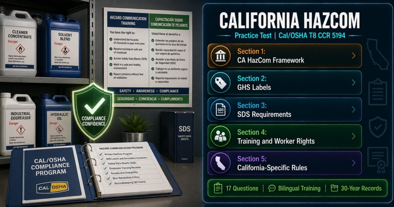 California Hazard Communication practice test covering Cal/OSHA Title 8 CCR 5194 requirements including SDS retention, multilingual training and worker rights