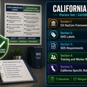 California Hazard Communication practice test covering Cal/OSHA Title 8 CCR 5194 requirements including SDS retention, multilingual training and worker rights