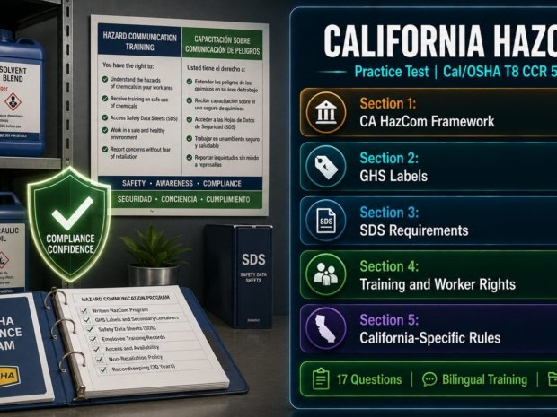 California Hazard Communication practice test covering Cal/OSHA Title 8 CCR 5194 requirements including SDS retention, multilingual training and worker rights