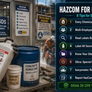 Hazard Communication tips for construction workers covering GHS labels, multi-employer SDS obligations, secondary container labelling, silica and isocyanate hazards under OSHA 29 CFR 1926.59