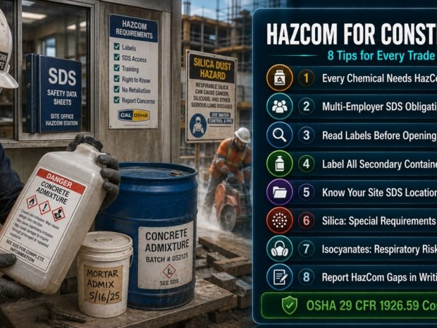 Hazard Communication tips for construction workers covering GHS labels, multi-employer SDS obligations, secondary container labelling, silica and isocyanate hazards under OSHA 29 CFR 1926.59