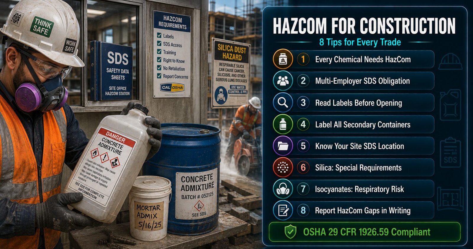 Hazard Communication tips for construction workers covering GHS labels, multi-employer SDS obligations, secondary container labelling, silica and isocyanate hazards under OSHA 29 CFR 1926.59