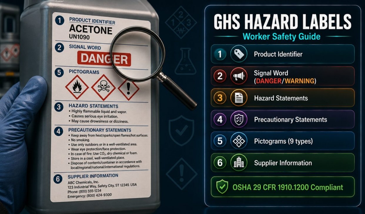 GHS hazard communication label worker safety guide covering six required label elements, nine pictograms, secondary container labelling and OSHA 29 CFR 1910.1200 compliance