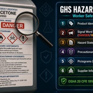 GHS hazard communication label worker safety guide covering six required label elements, nine pictograms, secondary container labelling and OSHA 29 CFR 1910.1200 compliance