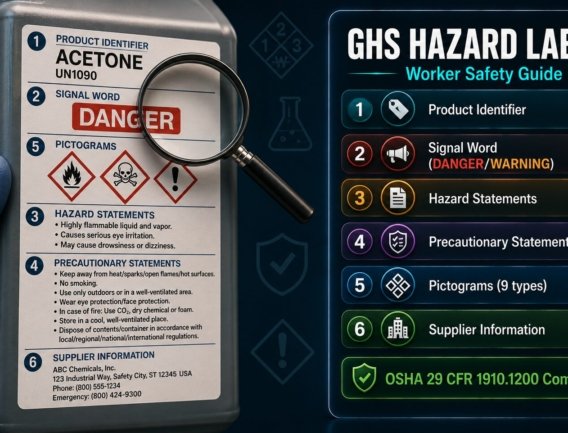 GHS hazard communication label worker safety guide covering six required label elements, nine pictograms, secondary container labelling and OSHA 29 CFR 1910.1200 compliance