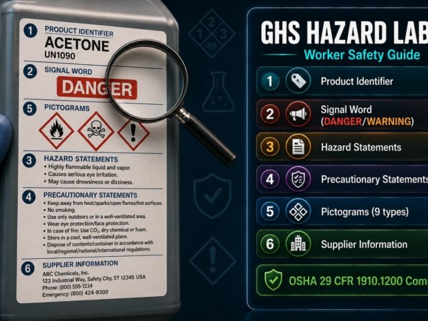 GHS hazard communication label worker safety guide covering six required label elements, nine pictograms, secondary container labelling and OSHA 29 CFR 1910.1200 compliance