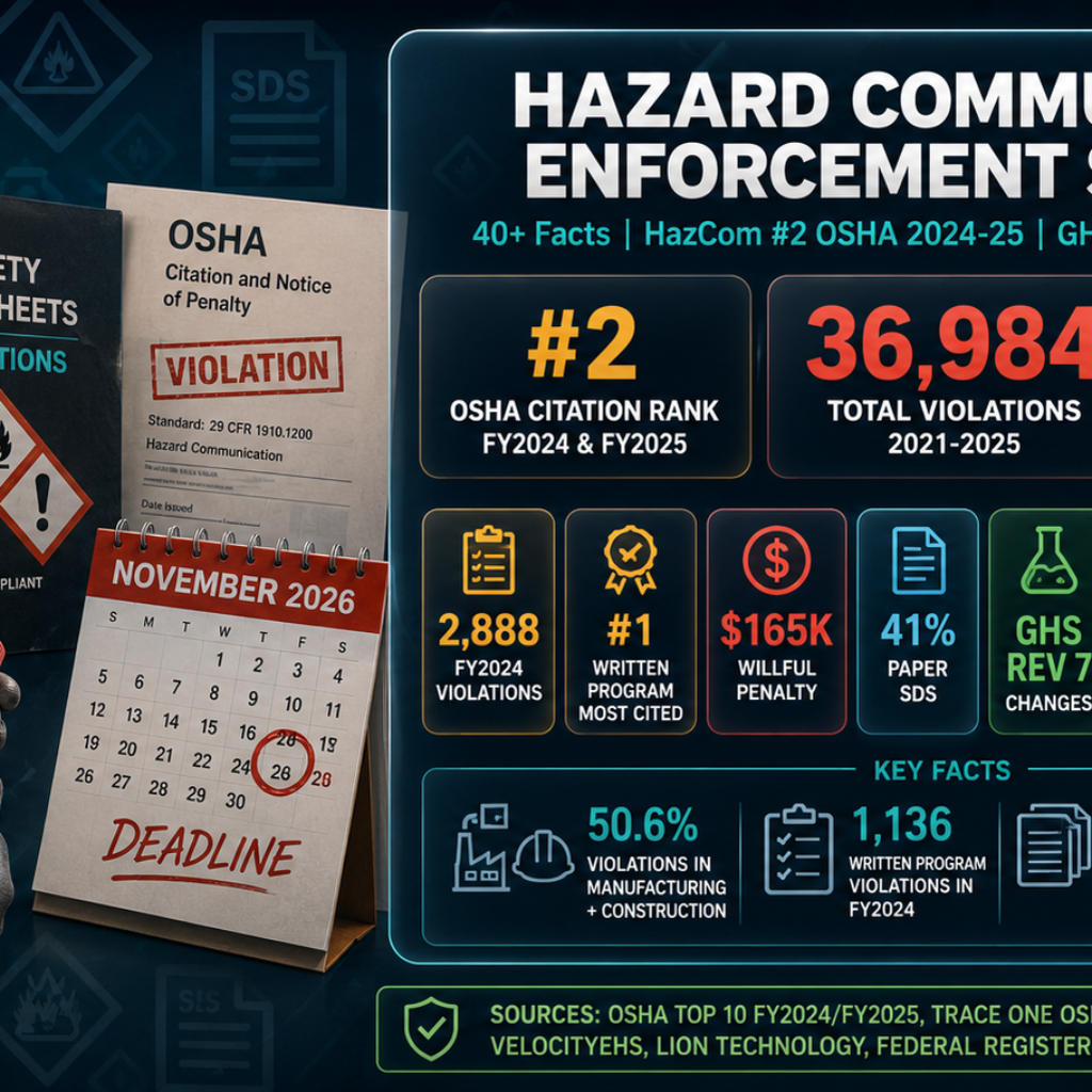 Hazard Communication OSHA enforcement statistics infographic showing HazCom ranked number two most-cited standard for FY2024 with 2,888 violations and FY2025 with 2,546 violations, 36,984 total HazCom violations from 2021 to 2025, written program requirement generating 1,136 violations in FY2024 alone, 41 percent of companies managing SDS without technology, and the November 20, 2026 employer deadline for updating workplace labels, written programs, and training under the HazCom 2024 GHS Revision 7 final rule.