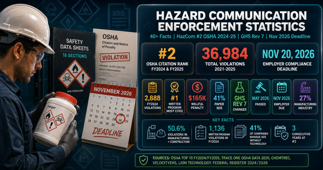 Hazard Communication OSHA enforcement statistics infographic showing HazCom ranked number two most-cited standard for FY2024 with 2,888 violations and FY2025 with 2,546 violations, 36,984 total HazCom violations from 2021 to 2025, written program requirement generating 1,136 violations in FY2024 alone, 41 percent of companies managing SDS without technology, and the November 20, 2026 employer deadline for updating workplace labels, written programs, and training under the HazCom 2024 GHS Revision 7 final rule.