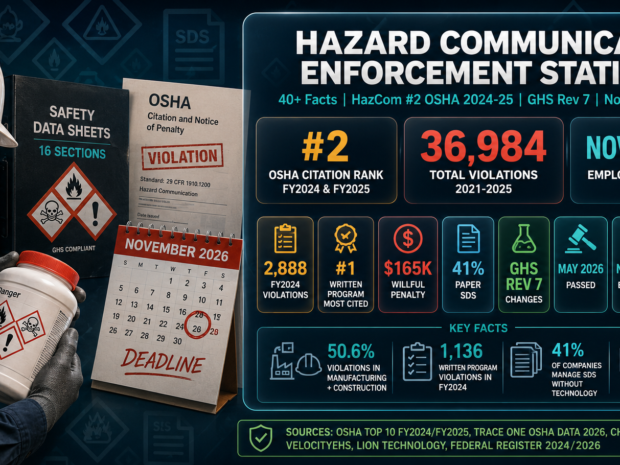 Hazard Communication OSHA enforcement statistics infographic showing HazCom ranked number two most-cited standard for FY2024 with 2,888 violations and FY2025 with 2,546 violations, 36,984 total HazCom violations from 2021 to 2025, written program requirement generating 1,136 violations in FY2024 alone, 41 percent of companies managing SDS without technology, and the November 20, 2026 employer deadline for updating workplace labels, written programs, and training under the HazCom 2024 GHS Revision 7 final rule.