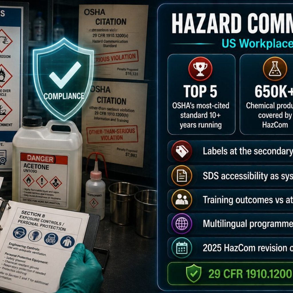 Hazard Communication US workplace insights showing HazCom OSHA citation trends, top violations in labels SDS and training, and key insights for effective compliance programmes