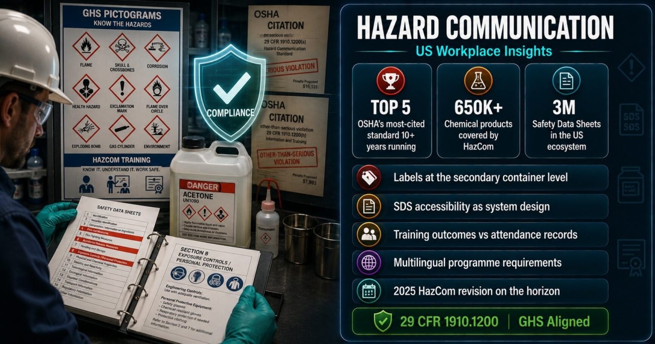 Hazard Communication US workplace insights showing HazCom OSHA citation trends, top violations in labels SDS and training, and key insights for effective compliance programmes