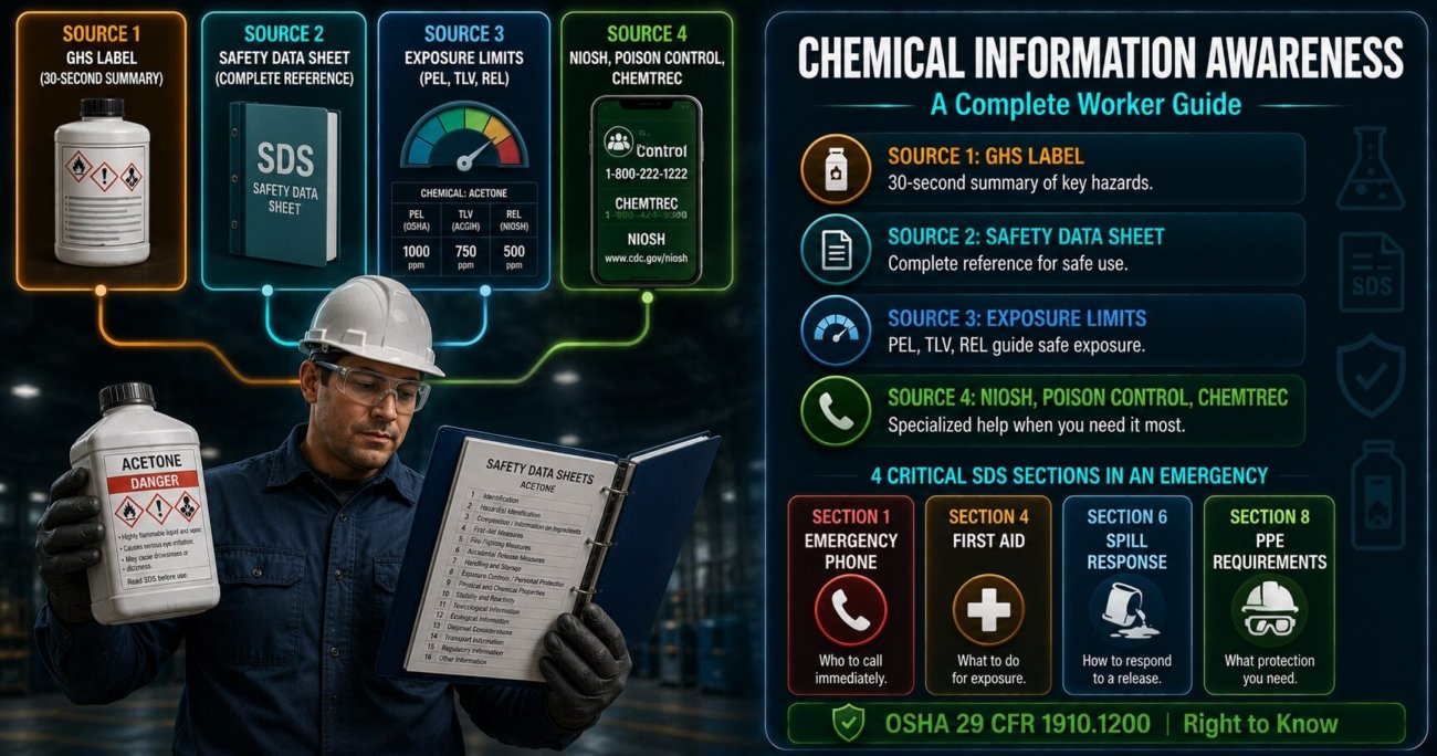 Hazardous chemical information awareness guide covering GHS labels, Safety Data Sheet navigation, exposure limits PEL TLV REL and supplementary resources NIOSH Poison Control and CHEMTREC
