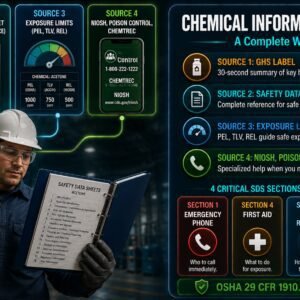 Hazardous chemical information awareness guide covering GHS labels, Safety Data Sheet navigation, exposure limits PEL TLV REL and supplementary resources NIOSH Poison Control and CHEMTREC