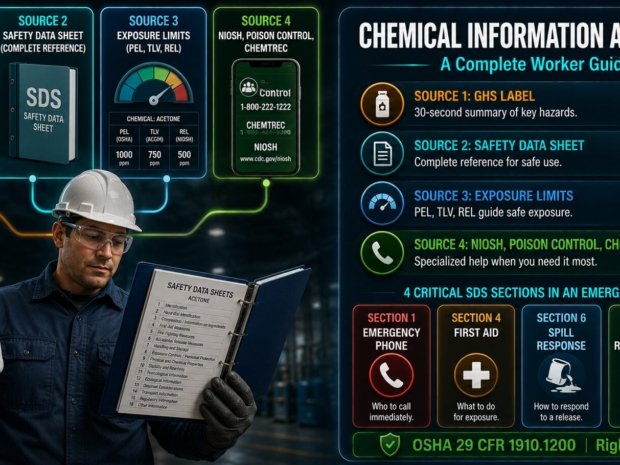 Hazardous chemical information awareness guide covering GHS labels, Safety Data Sheet navigation, exposure limits PEL TLV REL and supplementary resources NIOSH Poison Control and CHEMTREC