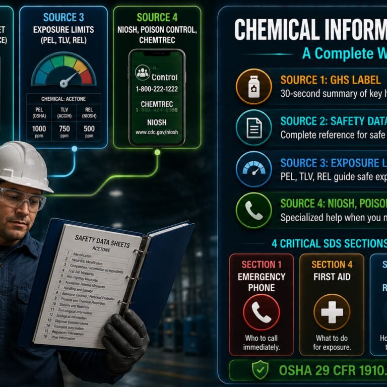Hazardous chemical information awareness guide covering GHS labels, Safety Data Sheet navigation, exposure limits PEL TLV REL and supplementary resources NIOSH Poison Control and CHEMTREC