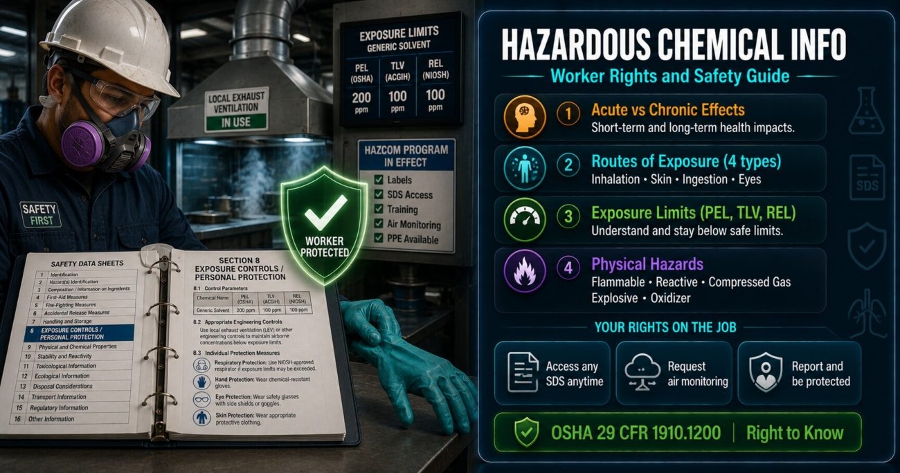 Hazardous chemical information worker rights guide covering acute and chronic health effects, routes of exposure, exposure limits, SDS access and what to do when controls fail