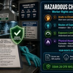 Hazardous chemical information worker rights guide covering acute and chronic health effects, routes of exposure, exposure limits, SDS access and what to do when controls fail