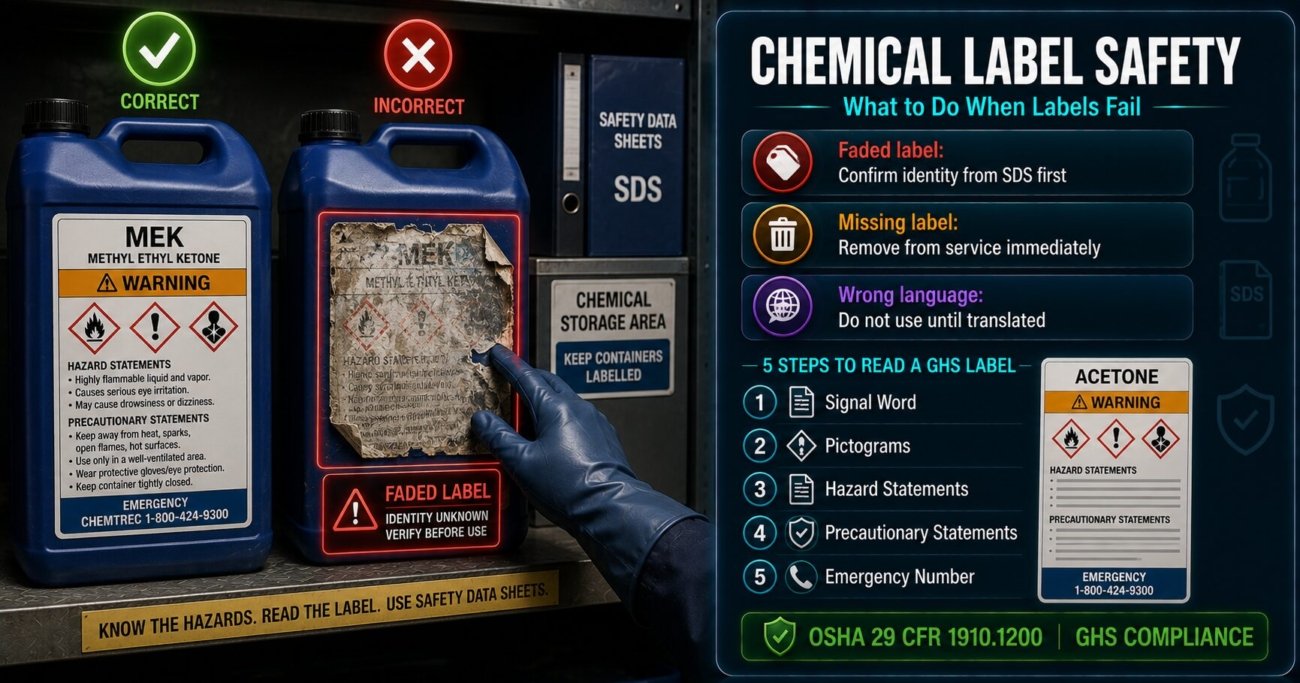 Chemical label safety situational guide showing what to do with faded missing or unreadable GHS labels including removal from service procedures and correct label reading sequence