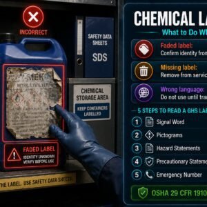 Chemical label safety situational guide showing what to do with faded missing or unreadable GHS labels including removal from service procedures and correct label reading sequence