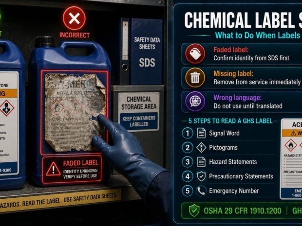 Chemical label safety situational guide showing what to do with faded missing or unreadable GHS labels including removal from service procedures and correct label reading sequence