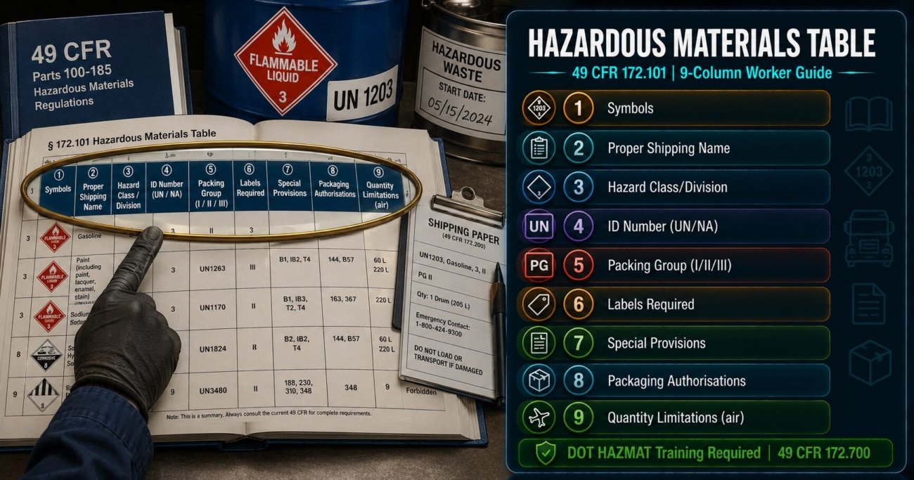 Hazardous Materials Table guide covering all nine columns of 49 CFR 172.101 including proper shipping name, UN identification number, packing group, required labels, special provisions and packaging authorisations