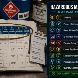 Hazardous Materials Table guide covering all nine columns of 49 CFR 172.101 including proper shipping name, UN identification number, packing group, required labels, special provisions and packaging authorisations