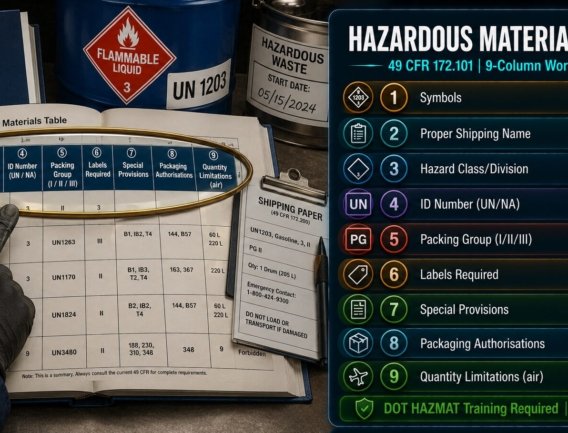 Hazardous Materials Table guide covering all nine columns of 49 CFR 172.101 including proper shipping name, UN identification number, packing group, required labels, special provisions and packaging authorisations