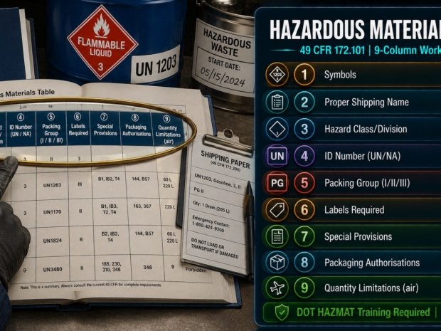 Hazardous Materials Table guide covering all nine columns of 49 CFR 172.101 including proper shipping name, UN identification number, packing group, required labels, special provisions and packaging authorisations