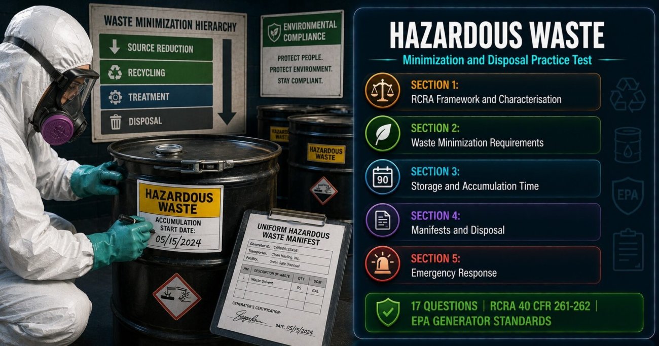 Hazardous waste minimization and disposal practice test covering RCRA characterisation, generator classifications, waste minimization hierarchy, 90-day accumulation limits, manifests and land disposal restrictions