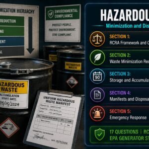 Hazardous waste minimization and disposal practice test covering RCRA characterisation, generator classifications, waste minimization hierarchy, 90-day accumulation limits, manifests and land disposal restrictions