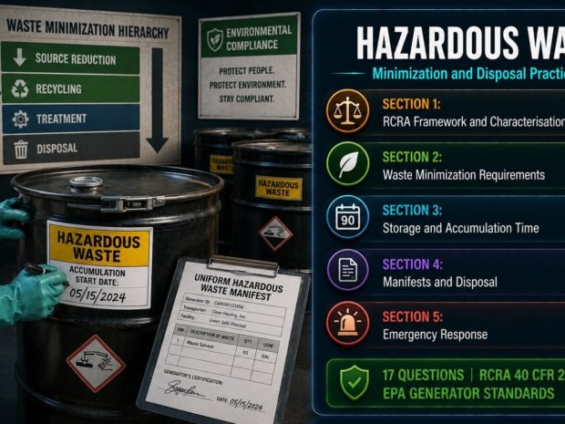 Hazardous waste minimization and disposal practice test covering RCRA characterisation, generator classifications, waste minimization hierarchy, 90-day accumulation limits, manifests and land disposal restrictions