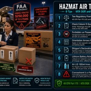 HAZMAT air transport tips covering IATA DGR and 49 CFR Part 175 requirements including Column 9 quantity limits, forbidden materials on passenger aircraft, Shipper's Declaration criminal liability, lithium battery rules and concealment penalties