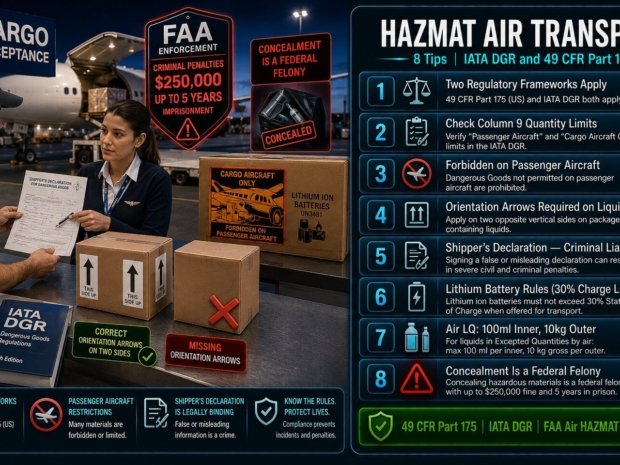 HAZMAT air transport tips covering IATA DGR and 49 CFR Part 175 requirements including Column 9 quantity limits, forbidden materials on passenger aircraft, Shipper's Declaration criminal liability, lithium battery rules and concealment penalties