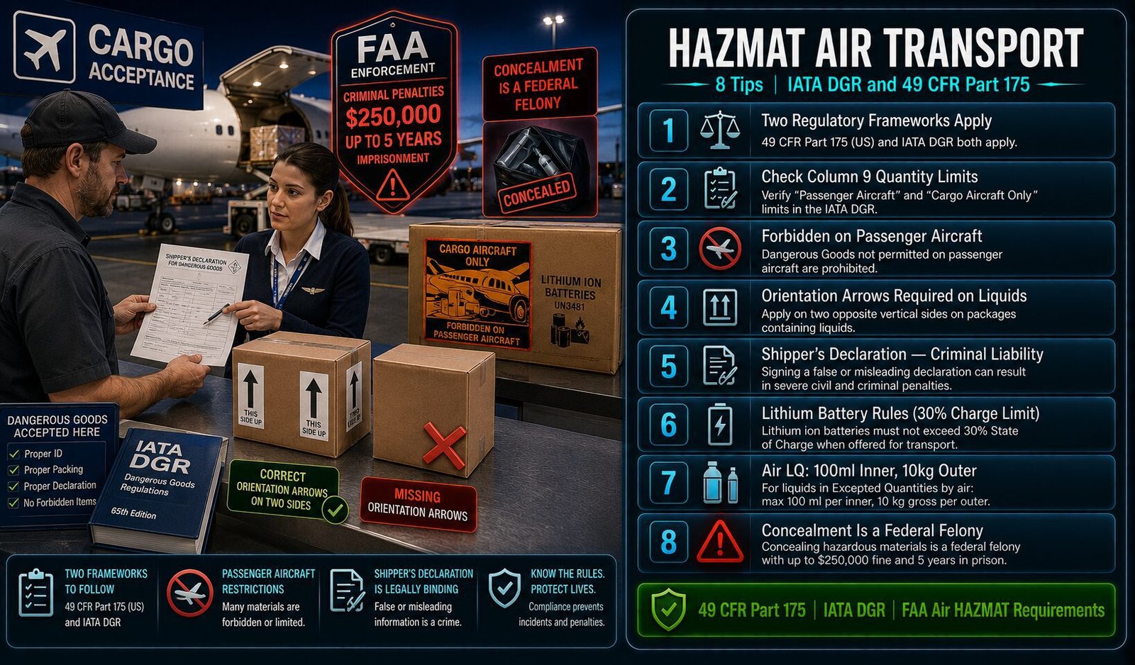 HAZMAT air transport tips covering IATA DGR and 49 CFR Part 175 requirements including Column 9 quantity limits, forbidden materials on passenger aircraft, Shipper's Declaration criminal liability, lithium battery rules and concealment penalties