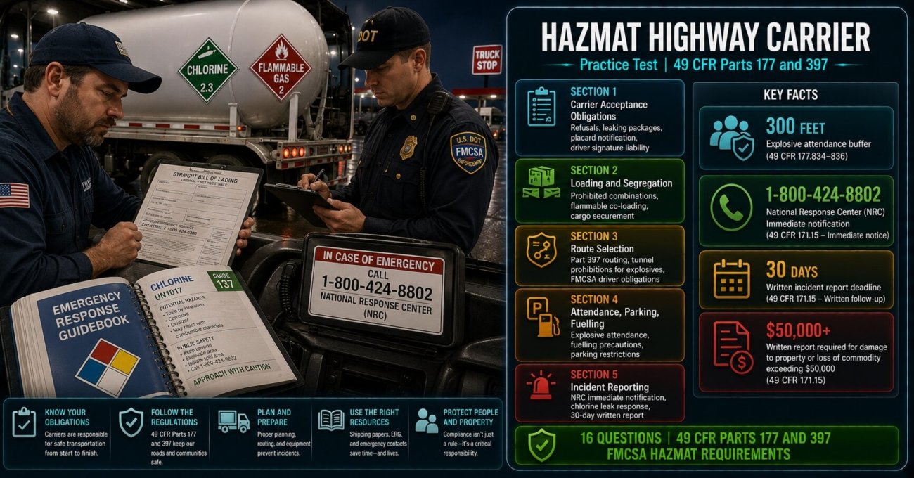 HAZMAT highway carrier requirements practice test covering 49 CFR Part 177 and Part 397 obligations including carrier acceptance, segregation, route selection, explosive attendance requirements and incident reporting to the National Response Center