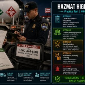HAZMAT highway carrier requirements practice test covering 49 CFR Part 177 and Part 397 obligations including carrier acceptance, segregation, route selection, explosive attendance requirements and incident reporting to the National Response Center