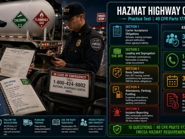 HAZMAT highway carrier requirements practice test covering 49 CFR Part 177 and Part 397 obligations including carrier acceptance, segregation, route selection, explosive attendance requirements and incident reporting to the National Response Center