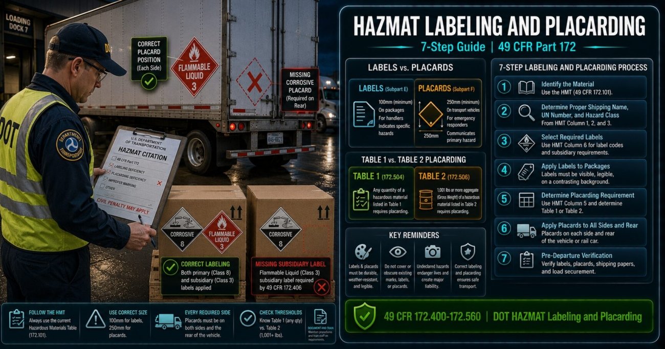 HAZMAT labeling and placarding complete guide covering seven steps from HMT Column 6 label selection and application to Table 1 and Table 2 placarding thresholds, vehicle application and pre-departure verification under 49 CFR Part 172