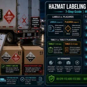 HAZMAT labeling and placarding complete guide covering seven steps from HMT Column 6 label selection and application to Table 1 and Table 2 placarding thresholds, vehicle application and pre-departure verification under 49 CFR Part 172