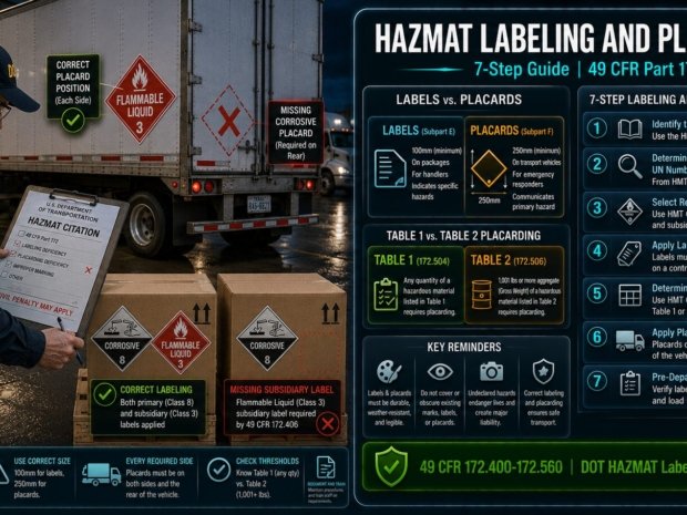 HAZMAT labeling and placarding complete guide covering seven steps from HMT Column 6 label selection and application to Table 1 and Table 2 placarding thresholds, vehicle application and pre-departure verification under 49 CFR Part 172
