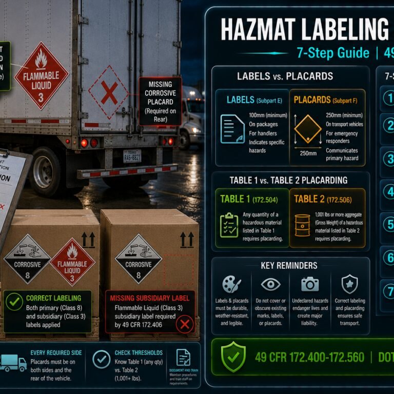HAZMAT labeling and placarding complete guide covering seven steps from HMT Column 6 label selection and application to Table 1 and Table 2 placarding thresholds, vehicle application and pre-departure verification under 49 CFR Part 172