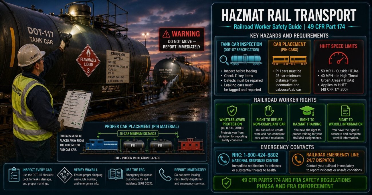 HAZMAT rail transport worker safety guide covering tank car inspection, car placement requirements, HHFT speed restrictions, emergency response NRC notification and railroad worker rights under 49 CFR Part 174 and FRA regulations